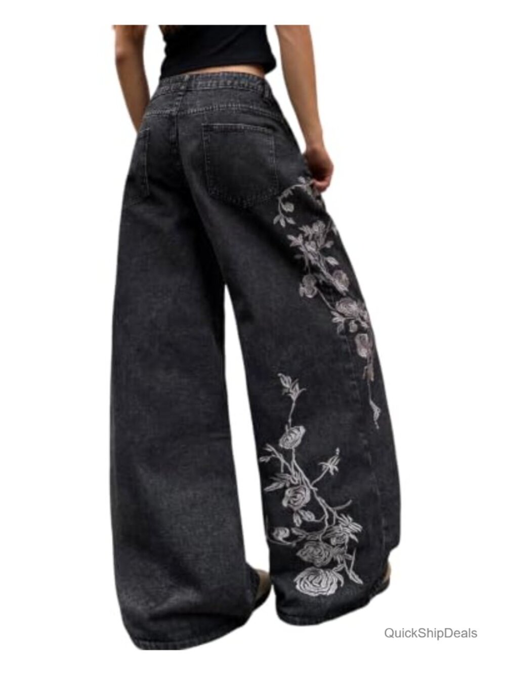 Women's Wide Leg Baggy Jeans Vintage Floral Embroidery Denim Pants